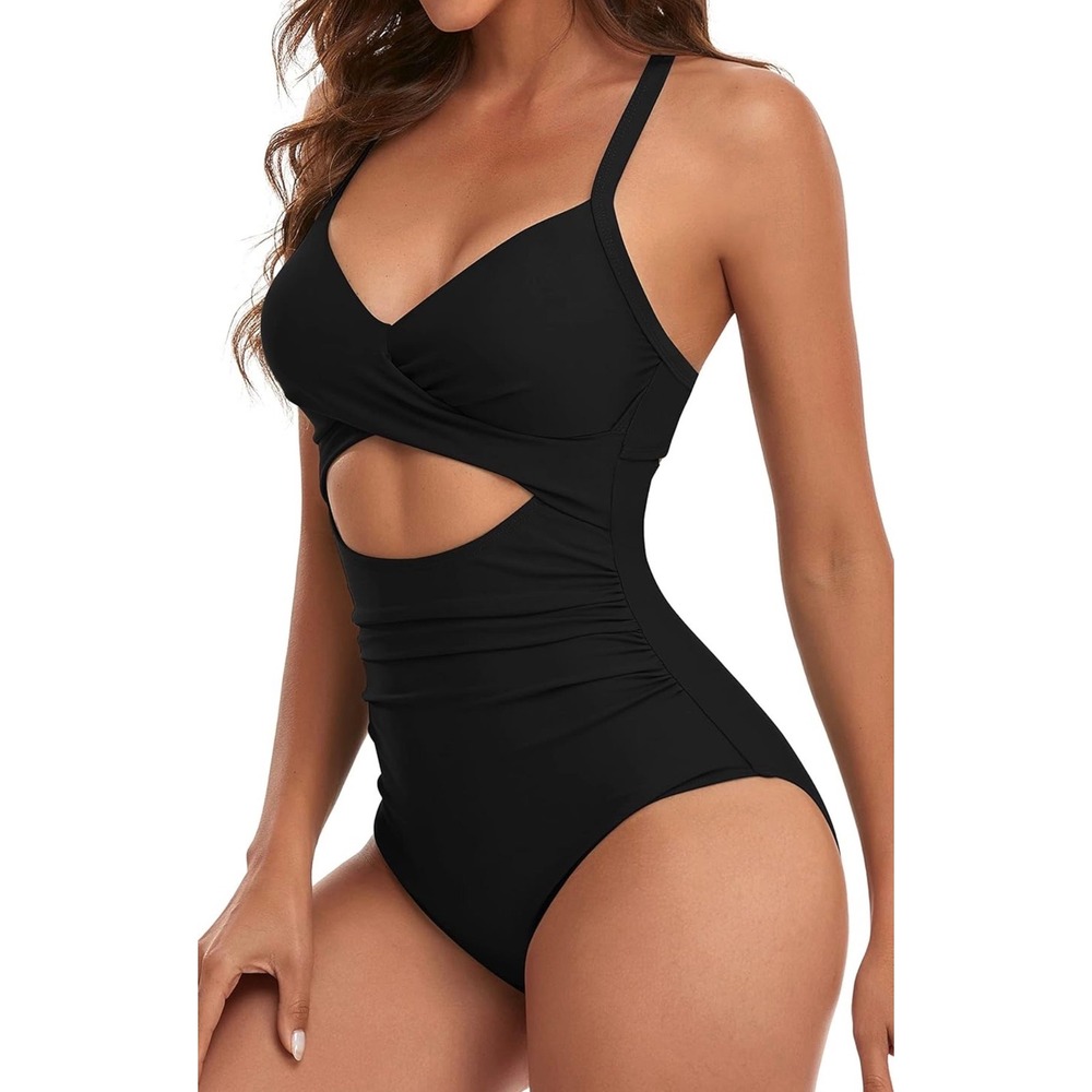 Black Cutout Ruched One Piece Swimsuit Wrap Front Tie Back